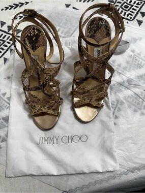 Jimmy Choo Gold and Brown Snake-Print Strappy High Heel Sandals